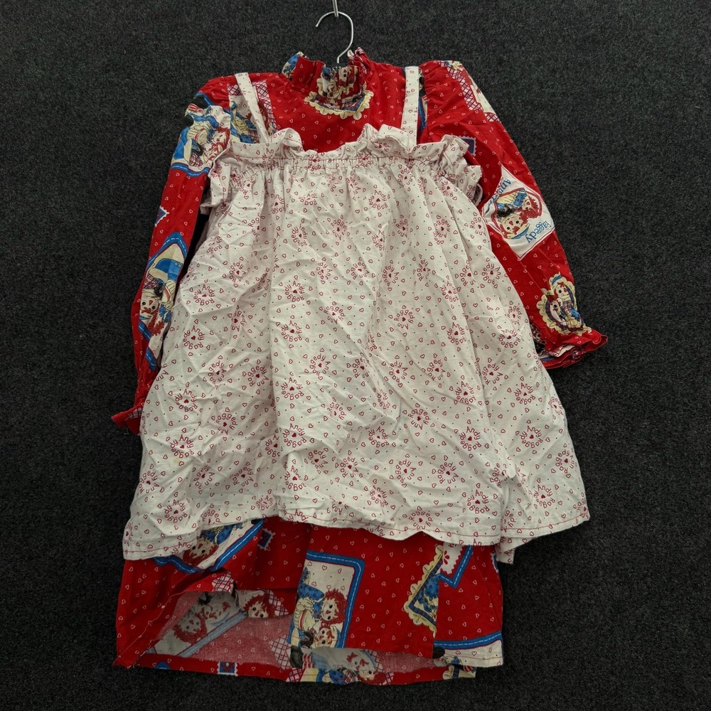 Vintage 70s Raggedy Ann and Andy Red Dress with White Pinafore Apron Set Kids 6